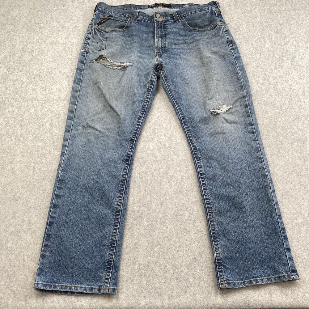 Ariat Rebar M5 Straight Jeans Mens 40x32 (41x30) Blue Slim Distressed *STAINED*